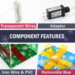 Labeled collage features transparent wires, an adapter, iron wire, and PVC in a snowflake-print box.