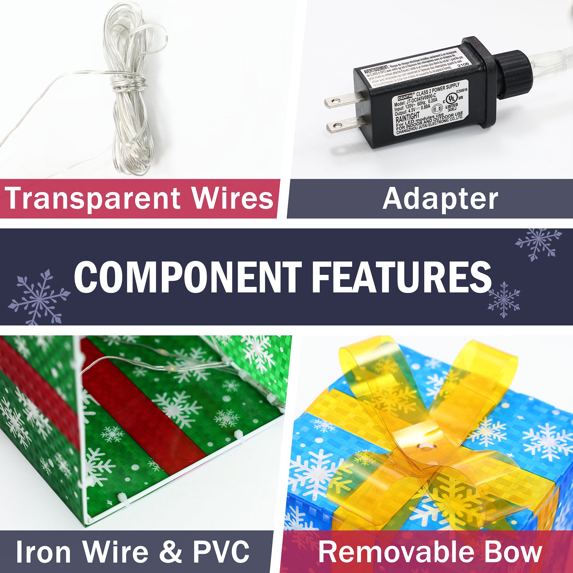 Labeled collage features transparent wires, an adapter, iron wire, and PVC in a snowflake-print box.