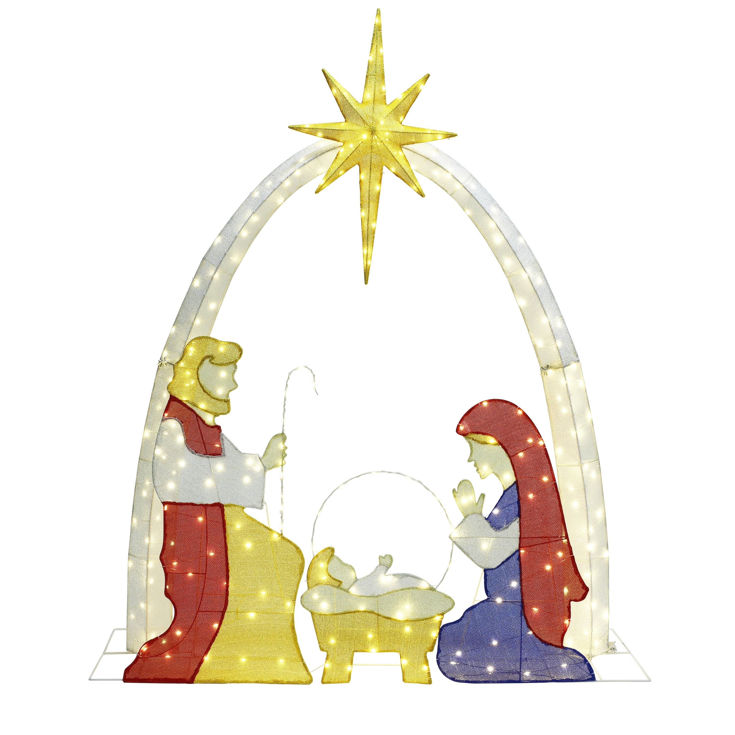 Nativity scene featuring Mary, Joseph, ,baby Jesus under a large star, with white ,yellow lights outlining each figure.