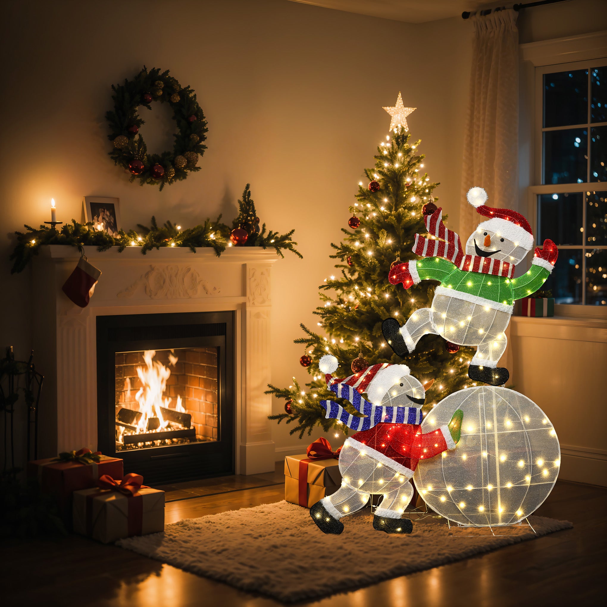 Warmly lit living room with christmas tree, fireplace, wrapped gifts, featuring illuminated snowman holiday decor.