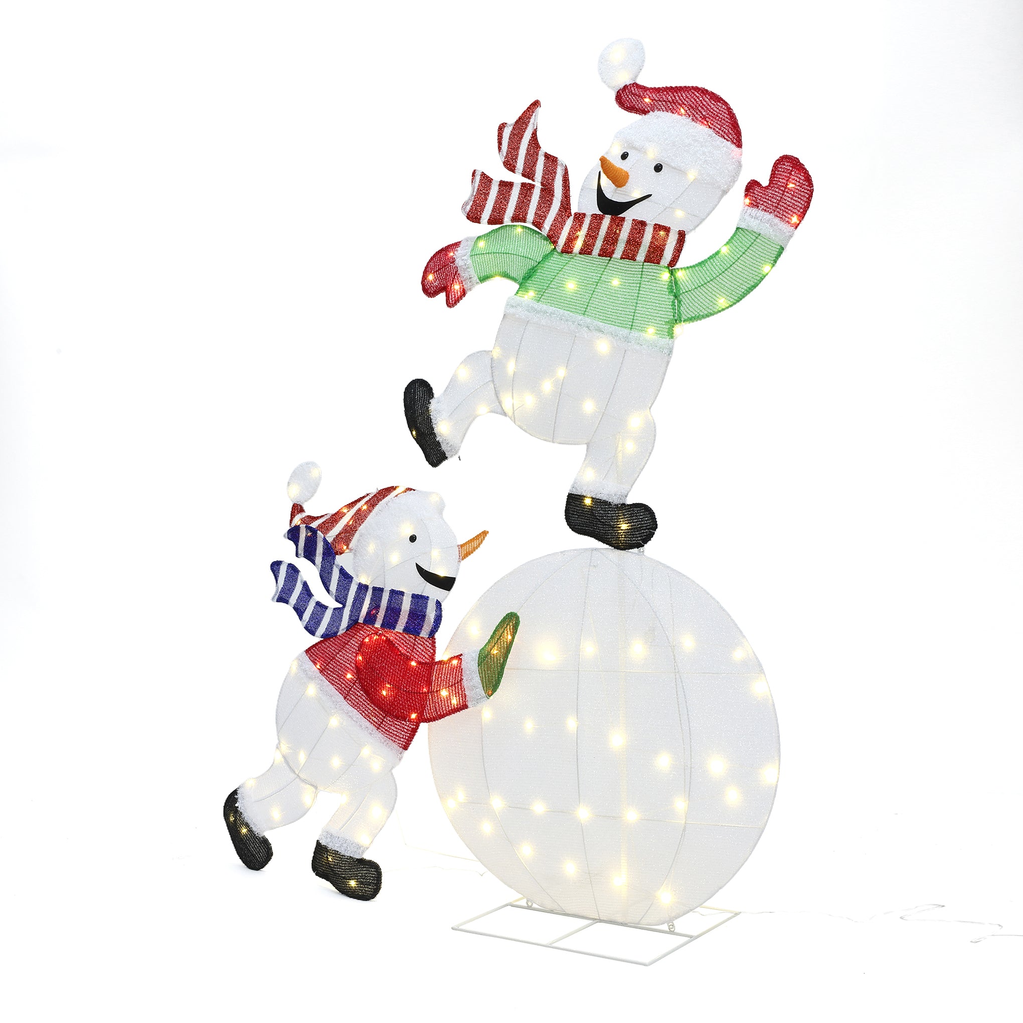 2 pre-lit snowman decor, one balancing on lit snowball ,the other supporting from below, wearing colorful scarves hats.