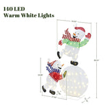 2 illuminated snowmen with scarves ,hats stand on glowing ball,size ,text 140 led warm white lights.