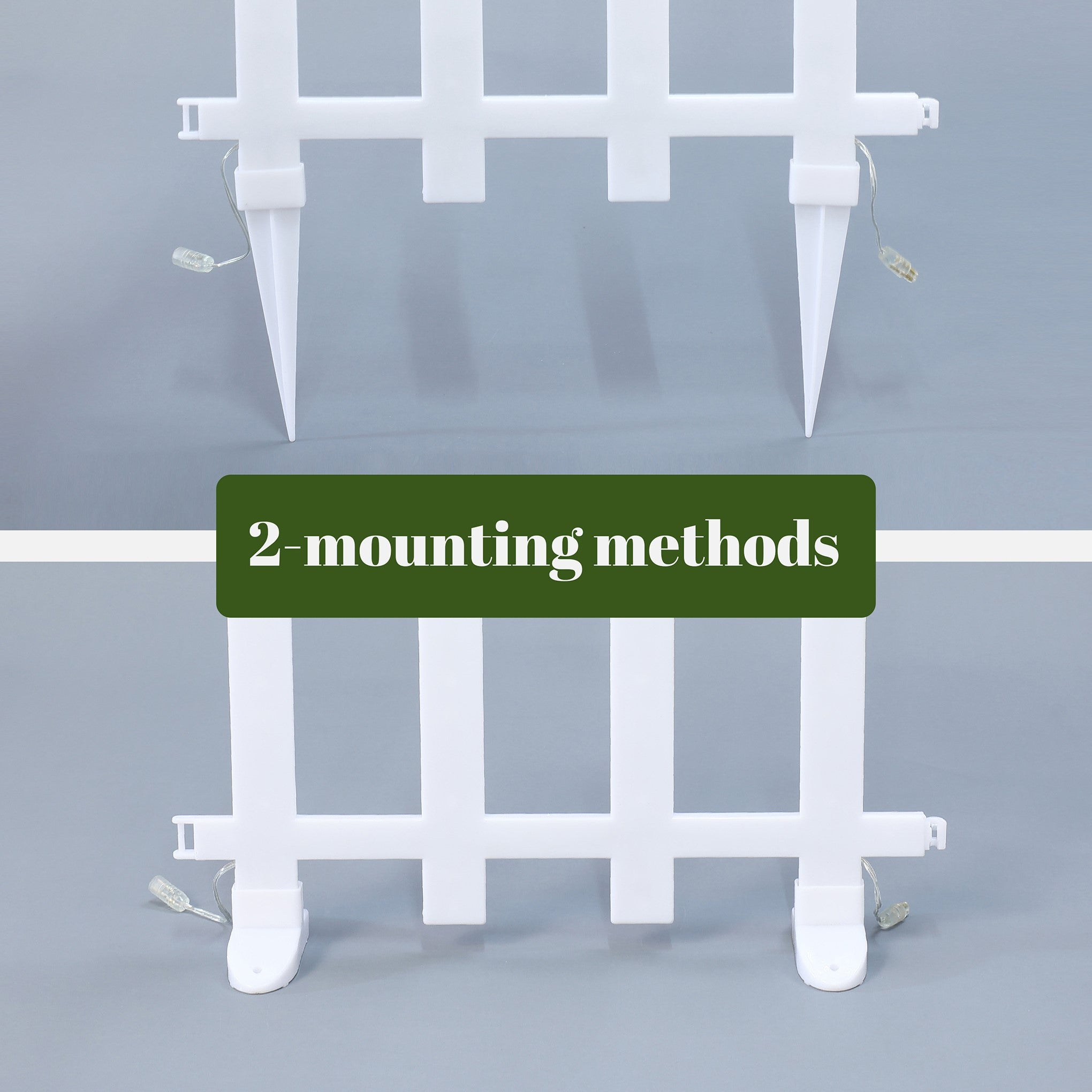 2 white fence panels shown different mounting options,stakes for ground installation (top),flat bases for surface setup (bottom). 
