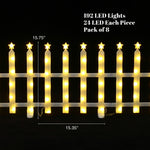 This star-topped fence decor, featuring 192 yellow led lights, each of the 8 sections measures 15.75"H, 15.35"W.