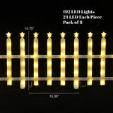 This star-topped fence decor, featuring 192 yellow led lights, each of the 8 sections measures 15.75"H, 15.35"W.