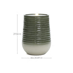 This green and white ribbed ceramic vase, featuring a modern ribbed design, holds a candle within its 27.56-inch height and 20.87-inch diameter.