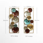 Two abstract metal wall decor pieces feature circular elements in teal, brown, and gold. Each decorative wall sculpture measures 35.43 by 13.39 inches, with a depth of 1.97 inches, showcasing a touch of modern art for your space.