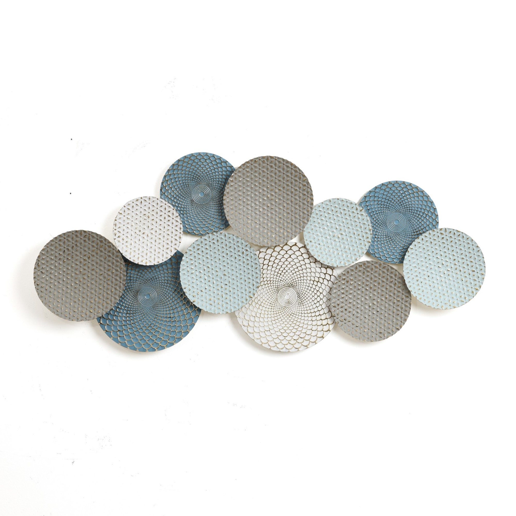 An abstract wall art piece featuring interlocking circular metal discs in shades of blue, gray, and white with textured patterns, this vintage metal wall decoration adds a sophisticated touch to any space.