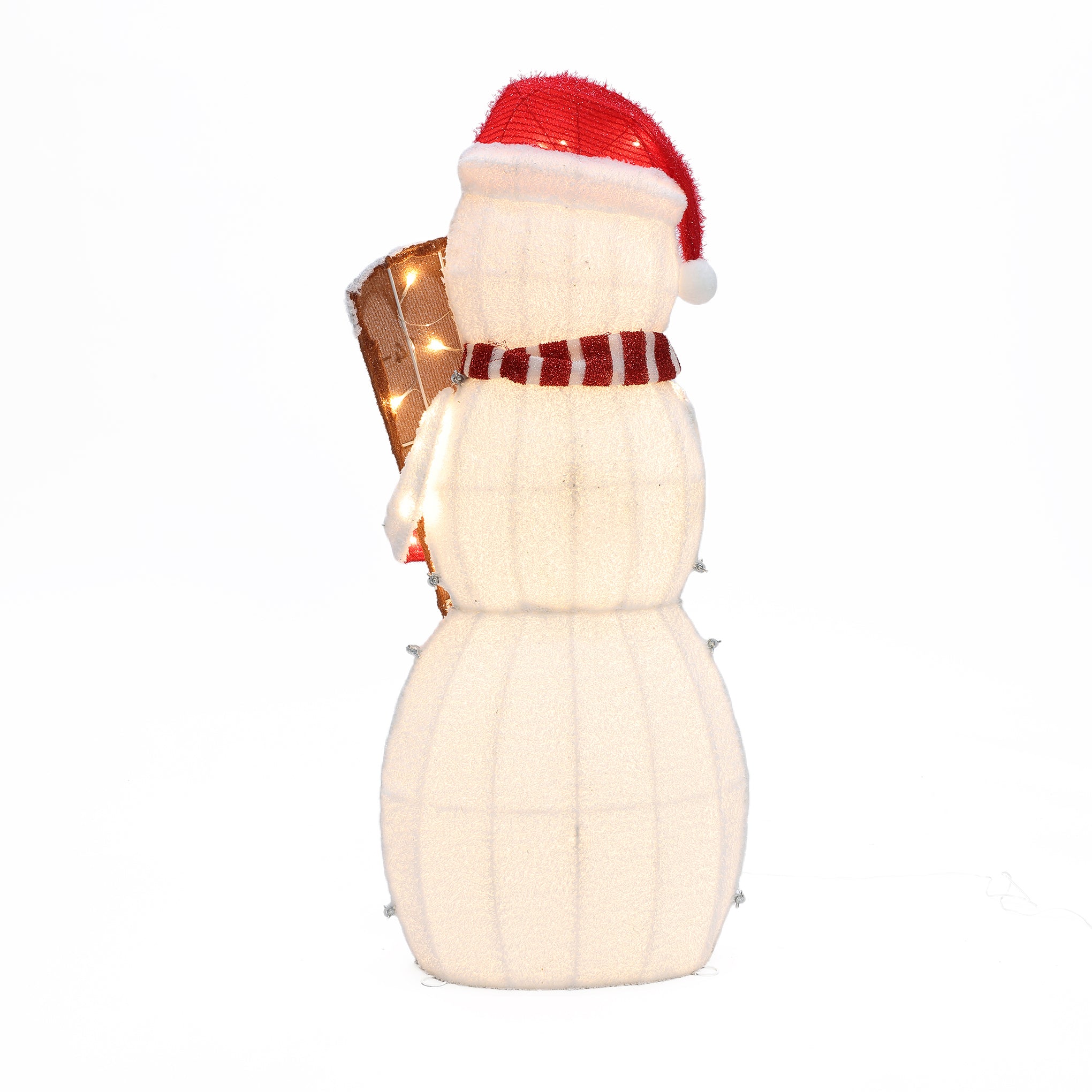 A lighted display snowman figure with a red Santa hat, red scarf, and brown sled, facing away from the camera on a white background—perfect as charming yard holiday decor.