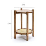 Round wooden side table with a chestnut finish and four sturdy legs, featuring a woven rattan lower shelf. Crafted from pine and MDF wood, it measures 17.9 inches in diameter and stands 24.2 inches tall.