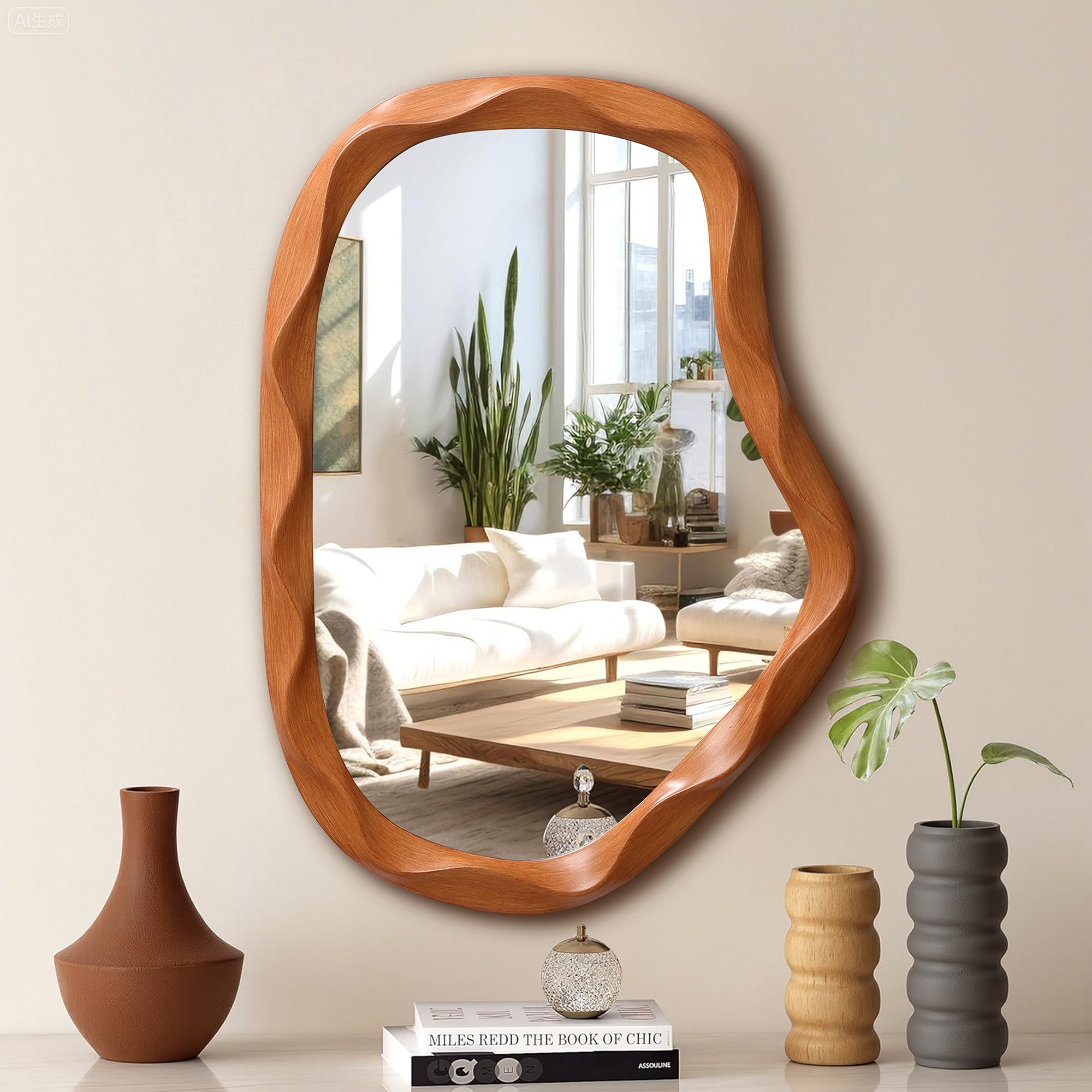 Wood Frame Wall Mirror on the wall reflects a bright living room with a white sofa, coffee table, plants, large windows.