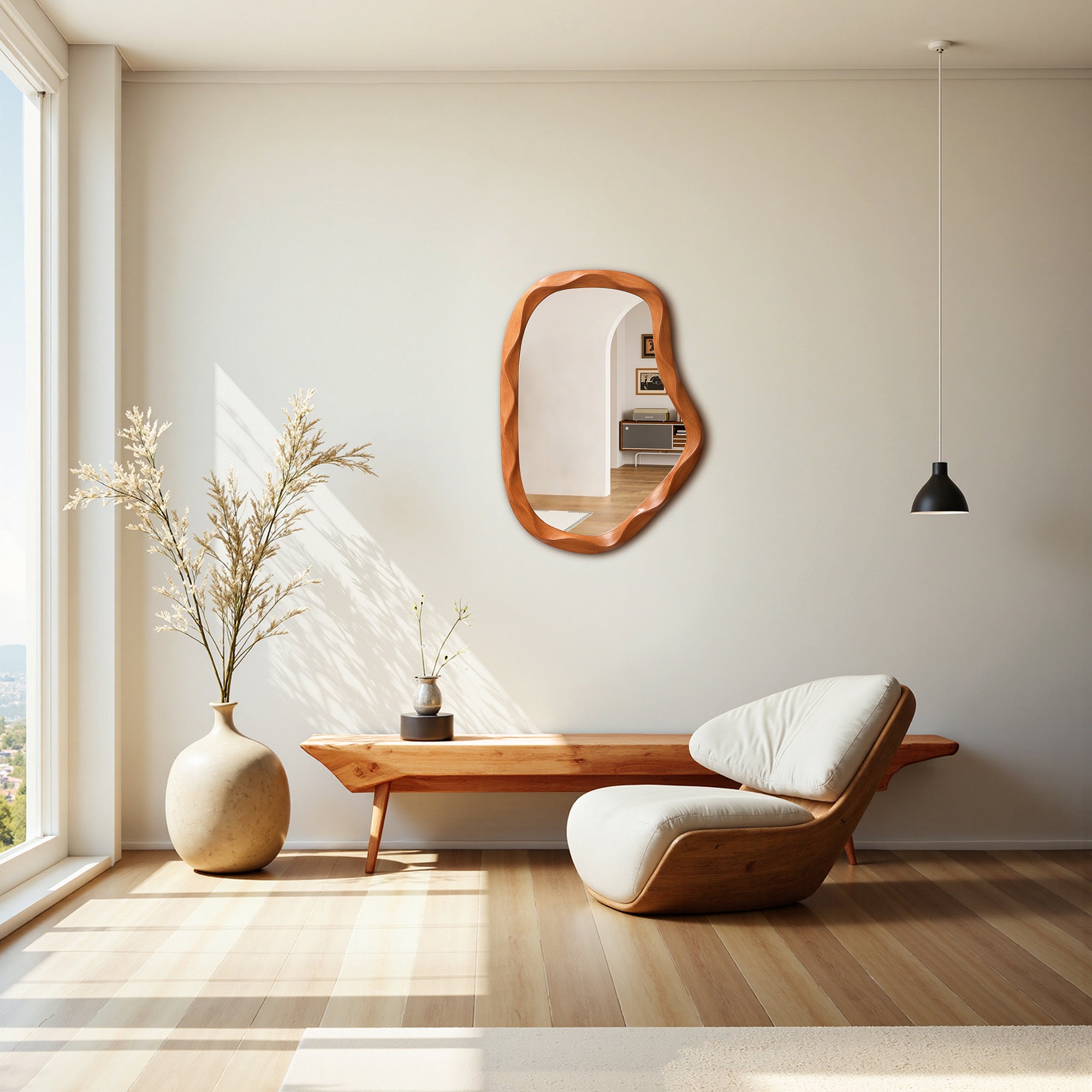 Minimalist living room featuring a wood frame wall mirror, pendant light, and floor-to-ceiling windows.