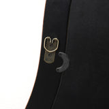 Wood frame wall mirror highlighting a brass hanging hook and black plastic support attached with screws.