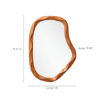 Asymmetrical wall mirror with a wavy wood frame, measuring 31.5"H x 22.64"W x 0.98"D.