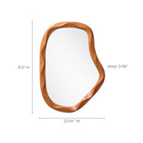 Asymmetrical wall mirror with a wavy wood frame, measuring 31.5"H x 22.64"W x 0.98"D.