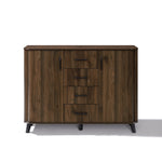 Mid-century walnut sideboard cabinet with four central drawers and two side cabinets, featuring black handles.