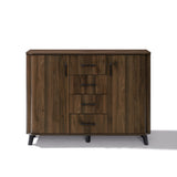 Mid-century walnut sideboard cabinet with four central drawers and two side cabinets, featuring black handles.