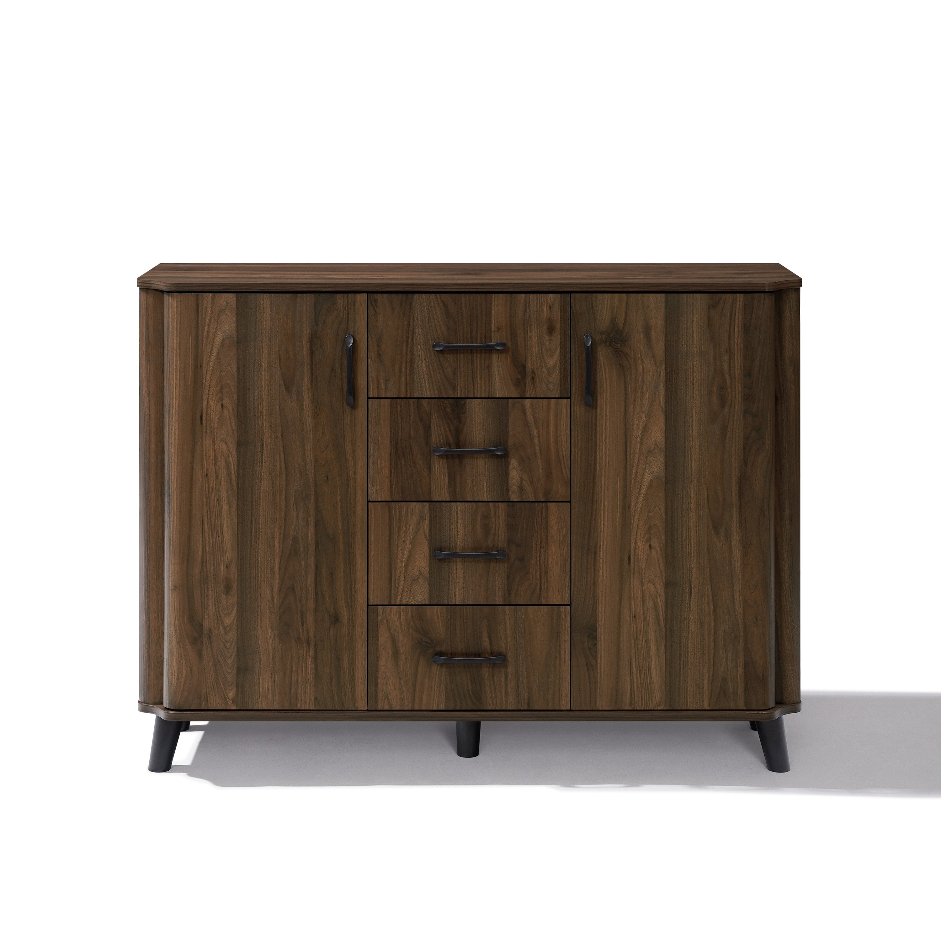 Mid-century walnut sideboard cabinet with four central drawers and two side cabinets, featuring black handles.