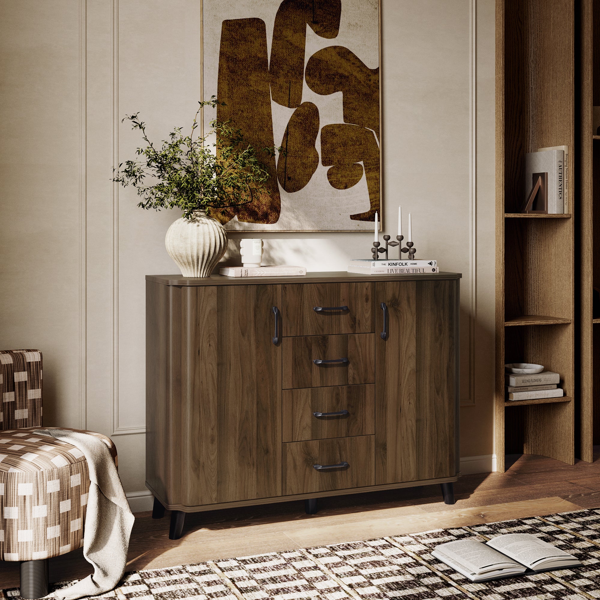 Mid-century sideboard cabinet with four drawers and two cabinets stands against a wall.