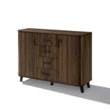 Mid-century walnut sideboard with four central drawers, two side doors, black handles, and angled black legs.