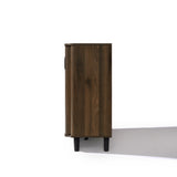 Mid-century walnut sideboard cabinet with a closed door is shown from the side, standing on four black legs.