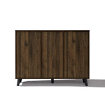 Dark wood sideboard cabinet with three vertical panels, short black legs, offers stylish dining room storage.