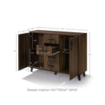 Mid-century walnut sideboard with open doors and drawers compartments and labeled dimensions.