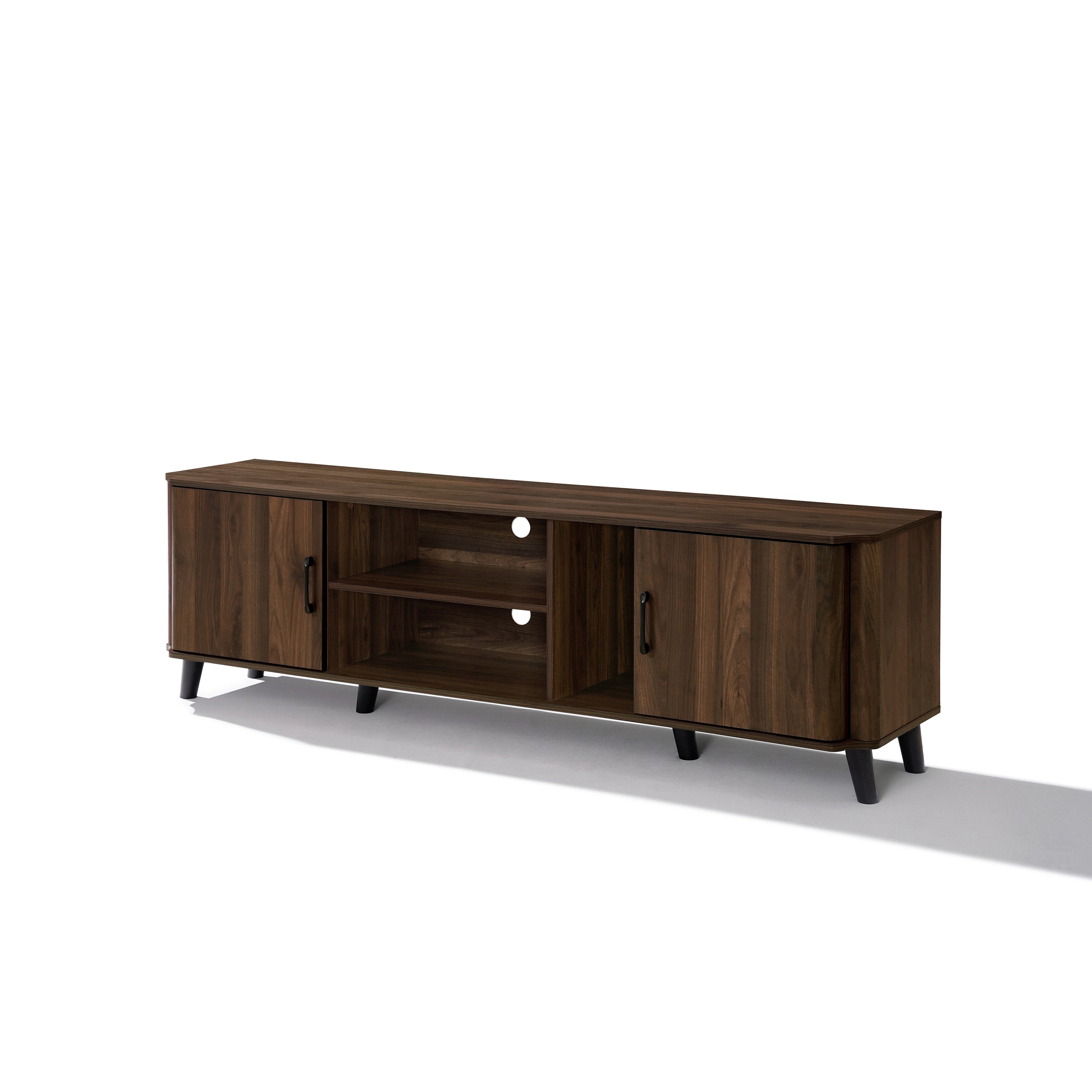 Mid-century modern wooden TV console cabinet featuring two cabinets, two open shelves, cable management holes.
