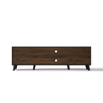 Rectangular TV console cabinet with a dark brown finish, two circular cutouts in the back panel, and angled black legs.
