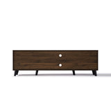 Rectangular TV console cabinet with a dark brown finish, two circular cutouts in the back panel, and angled black legs.