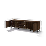 Mid-century modern TV console cabinet featuring clearly marked sizes in inches for each storage section.