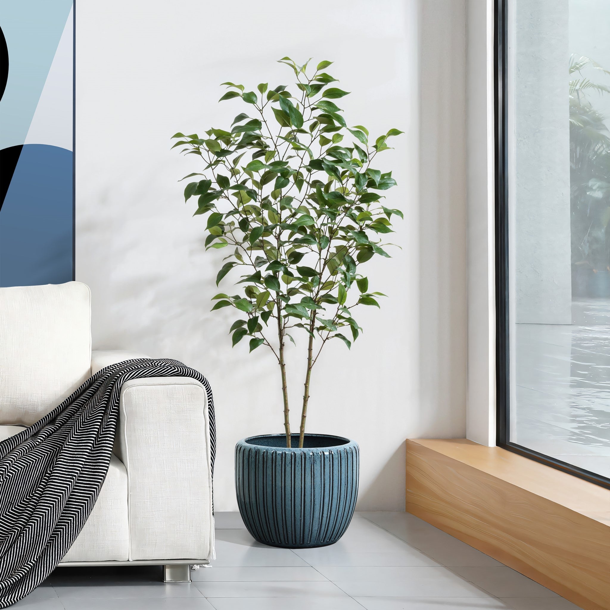 A potted plant with green leaves sits in a ceramic flowerpot on a tiled floor next to a white couch and large window.