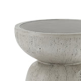 A close-up of the LuxenHome 19.7 rustic off-white and gray concrete outdoor side table, showcasing its modern, minimalist round shape made from durable MgO material, with a speckled textured surface and smooth rim against a plain background.