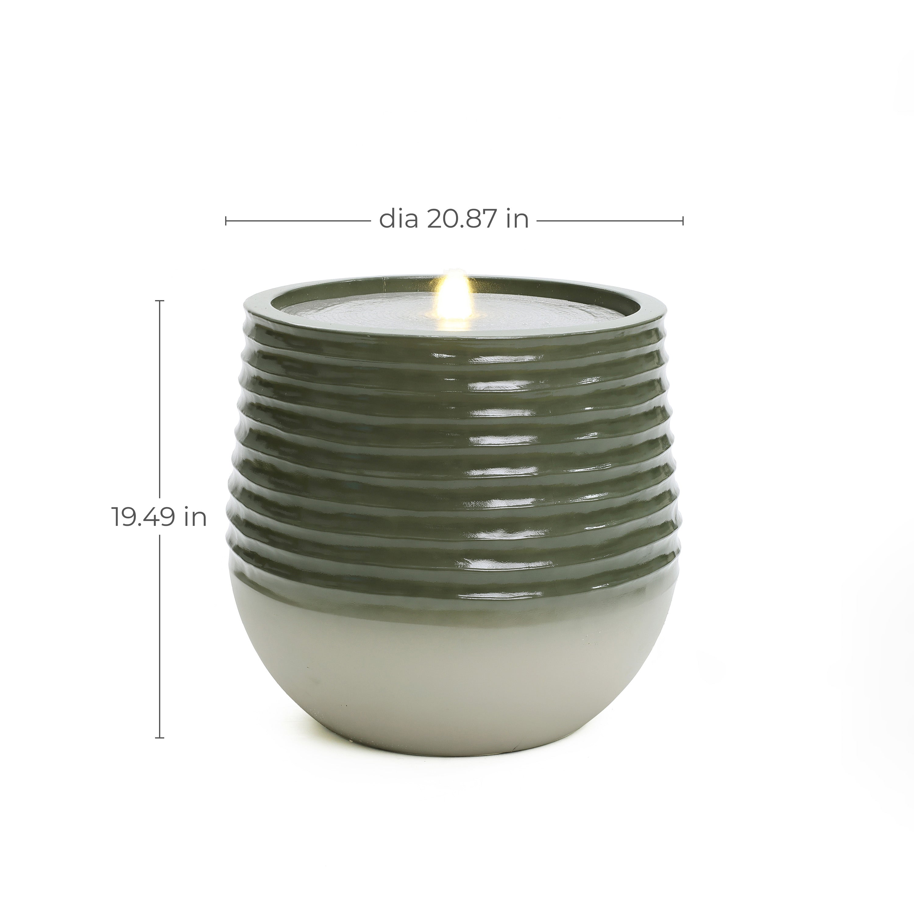 Gray and green ribbed ceramic candle with LED lights softly illuminating a modern fountain-like design. Diameter 20.87 inches, height 19.49 inches.