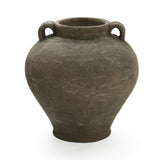 The LuxenHome Rustic Brown Terracotta Cauldron Vase, 14.6 h, boasts a wide body and narrow opening with two small handles near the rim. Ideal for home decor, its elegant rustic charm is highlighted by its rough textured surface.