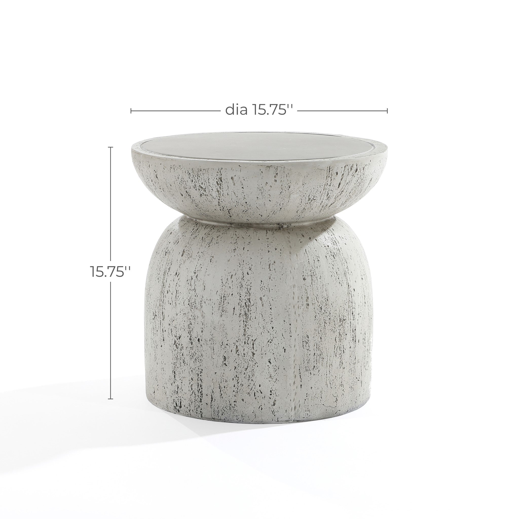 The rustic off-white and gray outdoor side table features a rough texture with antique weathering, plus a rounded top and base. Made from premium MGO material, it measures 15.75 inches in both diameter and height.