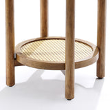 Wooden stool with four legs and a round woven rattan seat, featuring a rich chestnut finish.