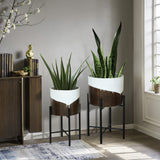 White and brown metal indoor planters with stand, set of 2