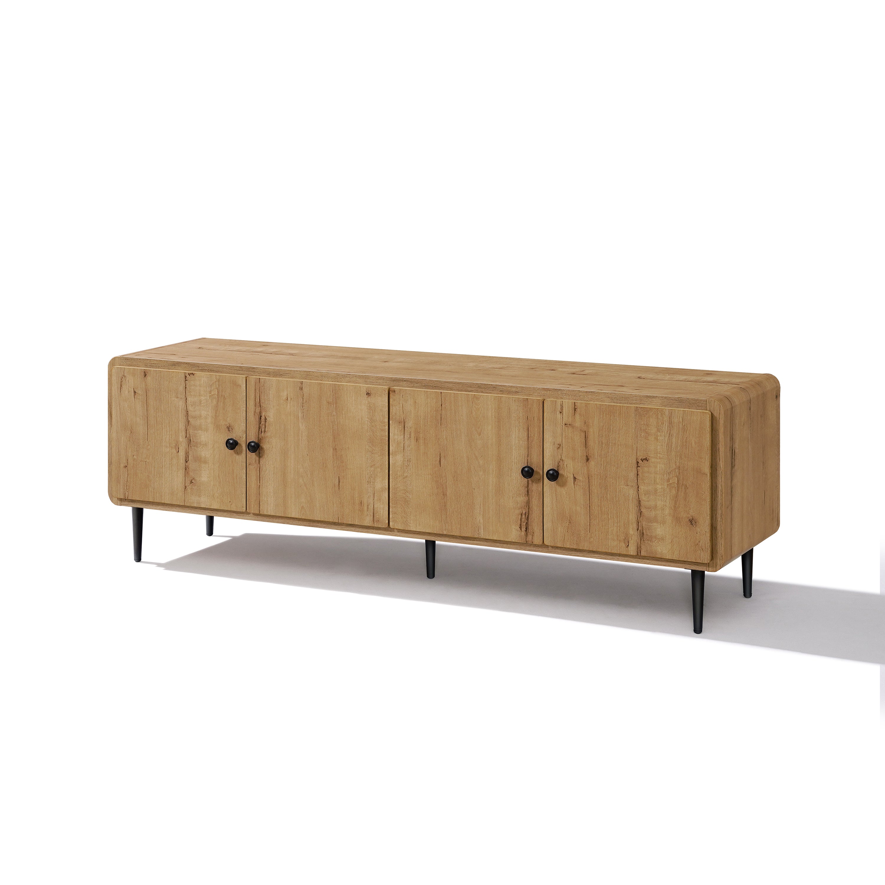 Wooden sideboard features four doors with black round handles and sturdy black metal legs.