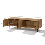 Minimalist TV stand with two open compartments labeled measurements for width, height, depth, internal shelf size.