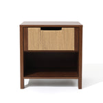 A end table nightstand with an open lower shelf and a single upper drawer featuring a woven front panel.