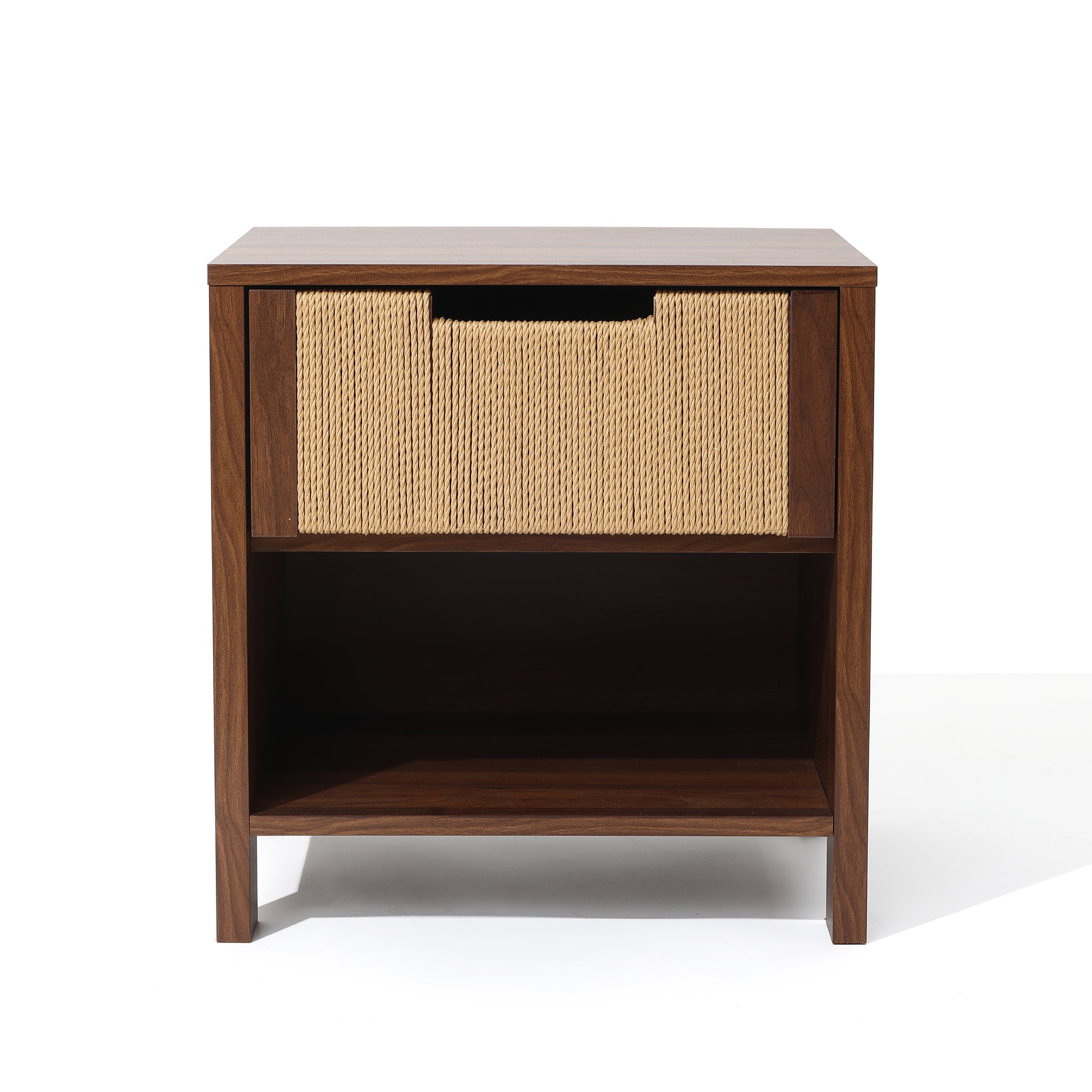 A end table nightstand with an open lower shelf and a single upper drawer featuring a woven front panel.