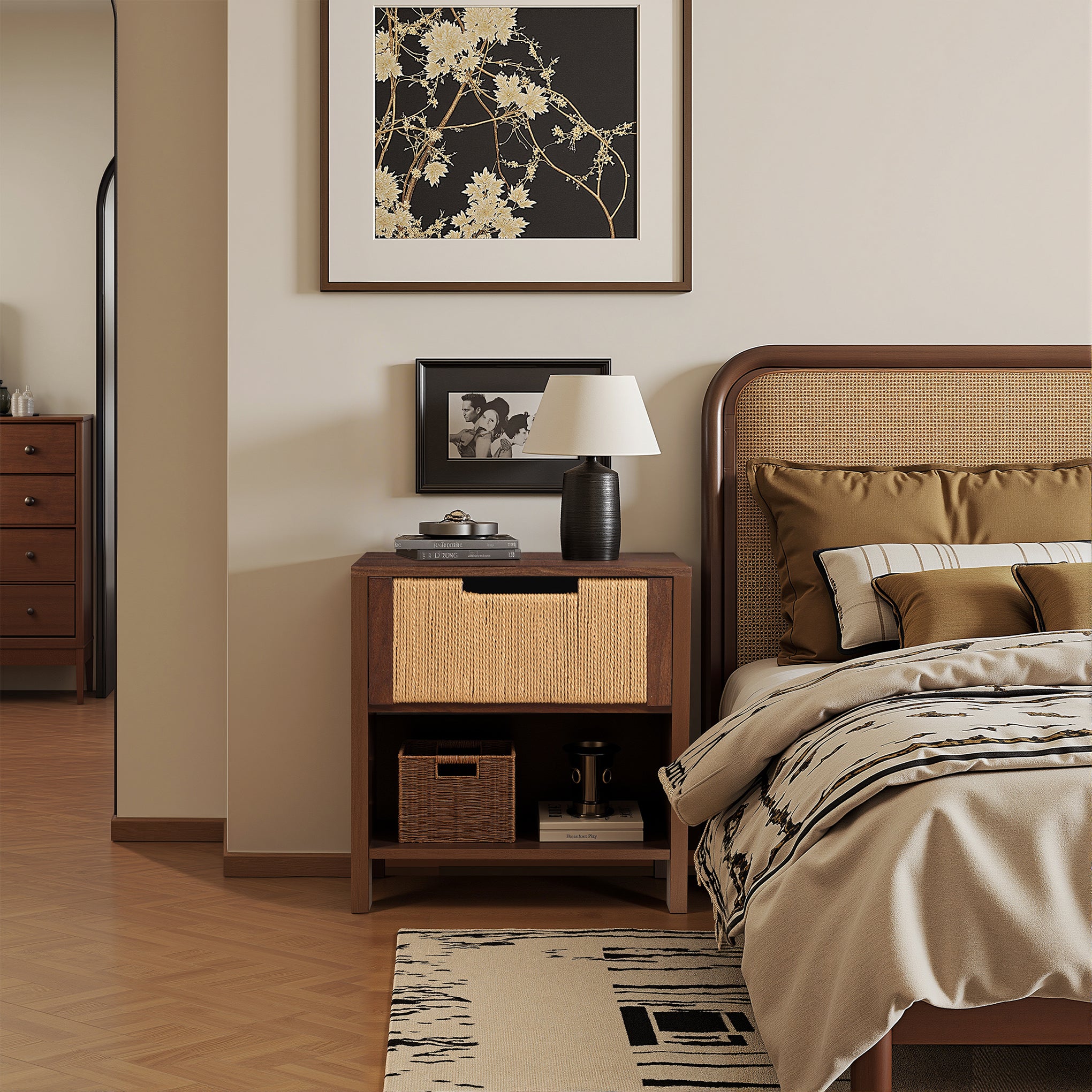 End table nightstand on a lamp, framed photos, baskets, and art hanging on the beige wall.