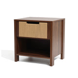A end table nightstand with a single textured drawer and an open lower shelf, crafted in a minimalist furniture style.