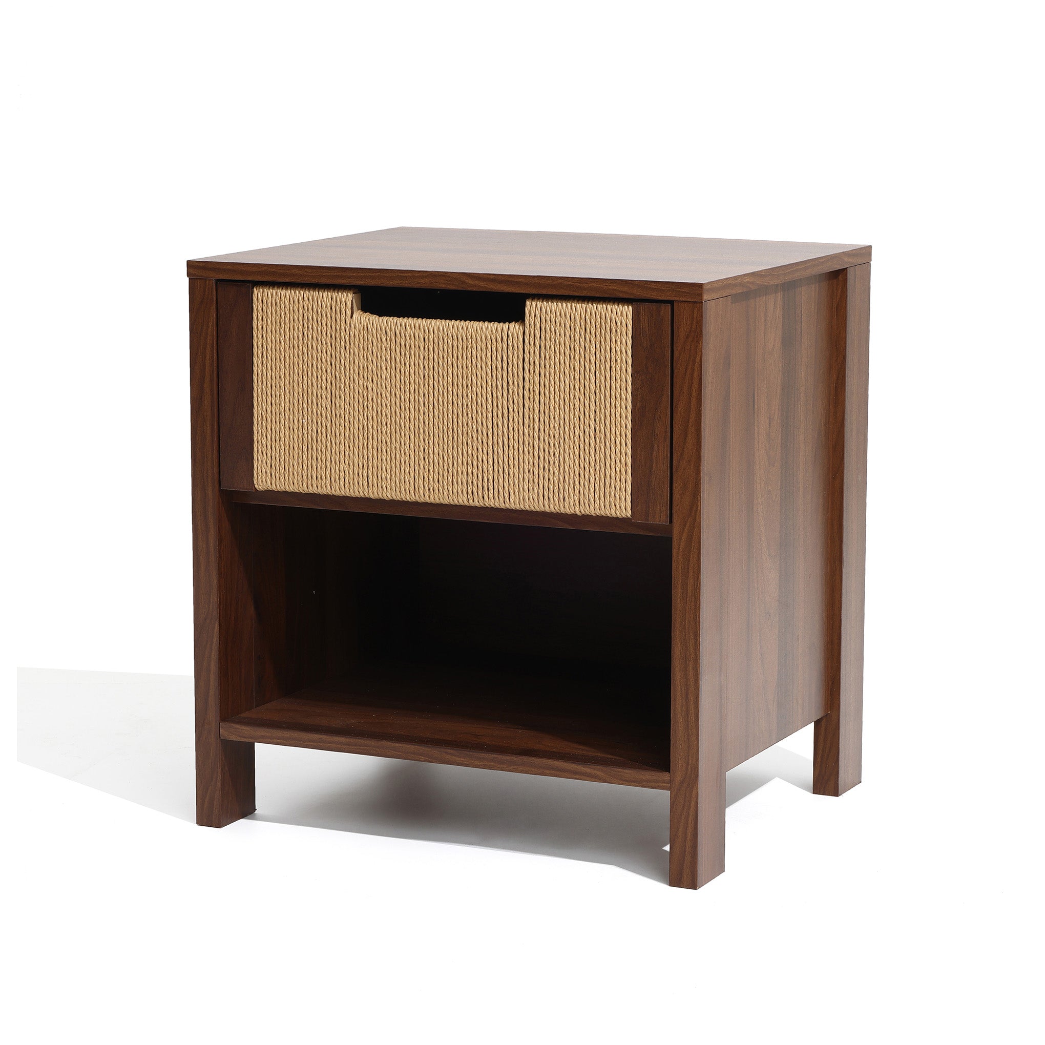 A end table nightstand with a single textured drawer and an open lower shelf, crafted in a minimalist furniture style.