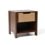 Minimalist wooden end table nightstand, featuring a woven top drawer and open shelf below.