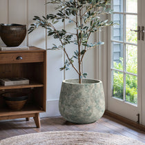 A tall plant with thin branches and green leaves stands in a LuxenHome Rustic Multi-Color Cement 18.3-Inch Round Planter by a glass door. Nearby, a wooden shelf holds a decorative bowl, set on a wooden floor with a round woven rug, as sunlight filters through the door.