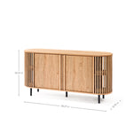 Mid-century modern buffet cabinet featuring a beautiful oak wood grain finish. This decorative cabinet has slatted sides, two sliding doors, and sturdy black legs. Dimensions: 29.33 inches tall, 58.27 inches wide, and 15.75 inches deep.