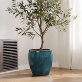 Blue Glazed Round Ceramic Planter Pot, Small Pots for Plants with Drainage Hole 12'' Dia