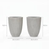 Two identical gray concrete-textured planters with a ridged texture, each measuring 19.21 inches in height and 14.49 inches in diameter.